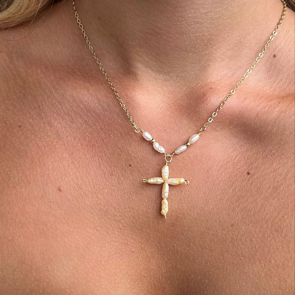 Wholesale Women's Gold Electroplated Stainless Steel Pearl Cross Pendant Necklace