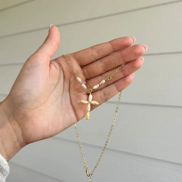 Wholesale Women's Gold Electroplated Stainless Steel Pearl Cross Pendant Necklace