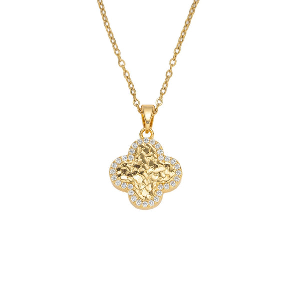 Wholesale Women's Gold Plated Copper And Zircon Fourleaf Clover Pendant Necklace With O Word Chain Light Luxury Style