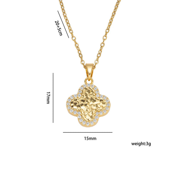 Wholesale Women's Gold Plated Copper And Zircon Fourleaf Clover Pendant Necklace With O Word Chain Light Luxury Style