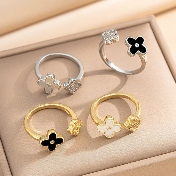 Wholesale Women's Gold Plated Copper Four Leaf Clover And Flower Open Ring With Electroplating