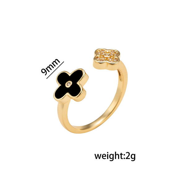 Wholesale Women's Gold Plated Copper Four Leaf Clover And Flower Open Ring With Electroplating