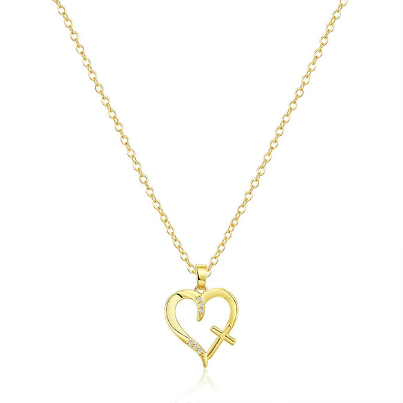 Wholesale Women's Gold Plated Copper Heart Shaped Clavicle Chain Necklace With Cross Inlay And Electroplating Treatment