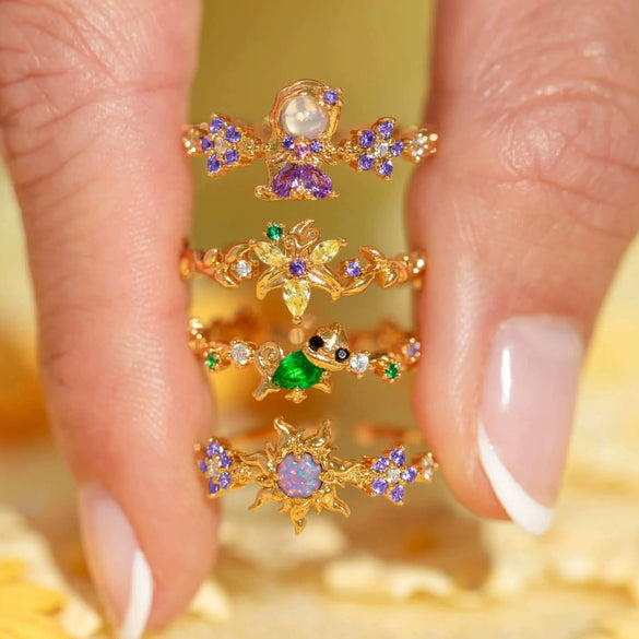 Wholesale Women's Gold Plated Copper Heart Shaped Cute Adjustable Ring With Colorful Zircon And Electroplating