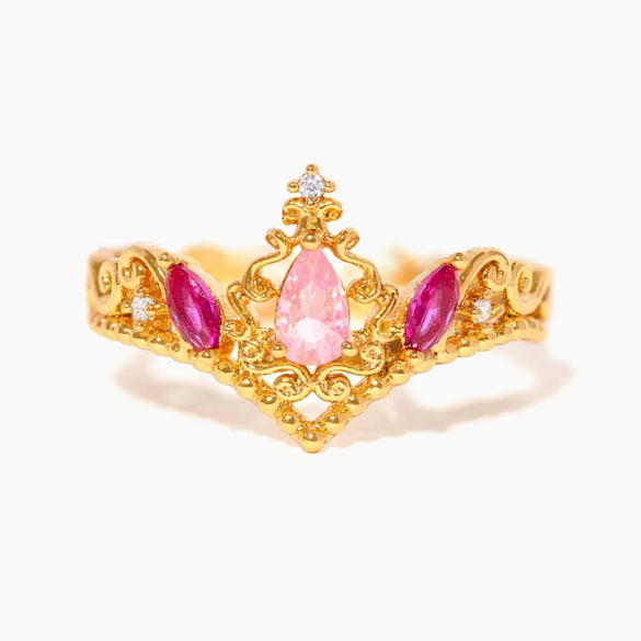 Wholesale Women's Gold Plated Copper Heart Shaped Cute Adjustable Ring With Colorful Zircon And Electroplating