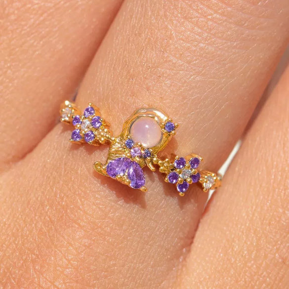 Wholesale Women's Gold Plated Copper Heart Shaped Cute Adjustable Ring With Colorful Zircon And Electroplating