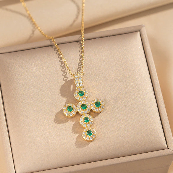 Wholesale Women's Gold Plated Geometric Cross Necklace With Green Zircon Inlay In Copper And Titanium Steel