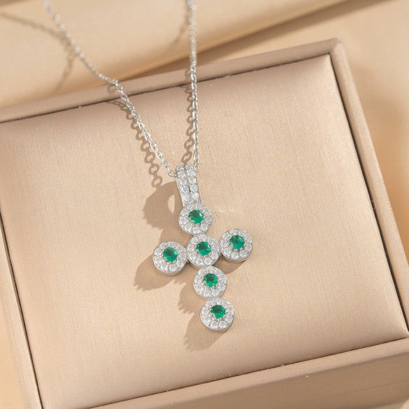 Wholesale Women's Gold Plated Geometric Cross Necklace With Green Zircon Inlay In Copper And Titanium Steel