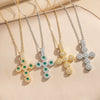 Wholesale Women's Gold Plated Geometric Cross Necklace With Green Zircon Inlay In Copper And Titanium Steel