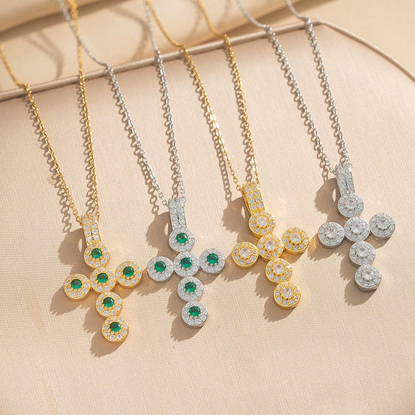 Wholesale Women's Gold Plated Geometric Cross Necklace With Green Zircon Inlay In Copper And Titanium Steel
