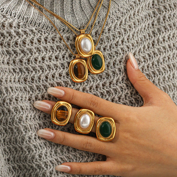 Wholesale Women's Gold Plated Geometric Stainless Steel Box Chain Necklace And Vintage Pearl Turquoise Earrings