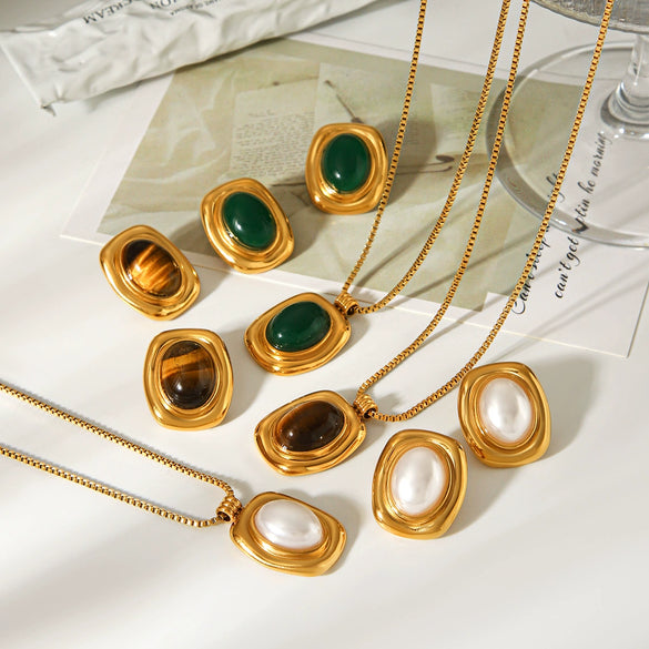Wholesale Women's Gold Plated Geometric Stainless Steel Box Chain Necklace And Vintage Pearl Turquoise Earrings