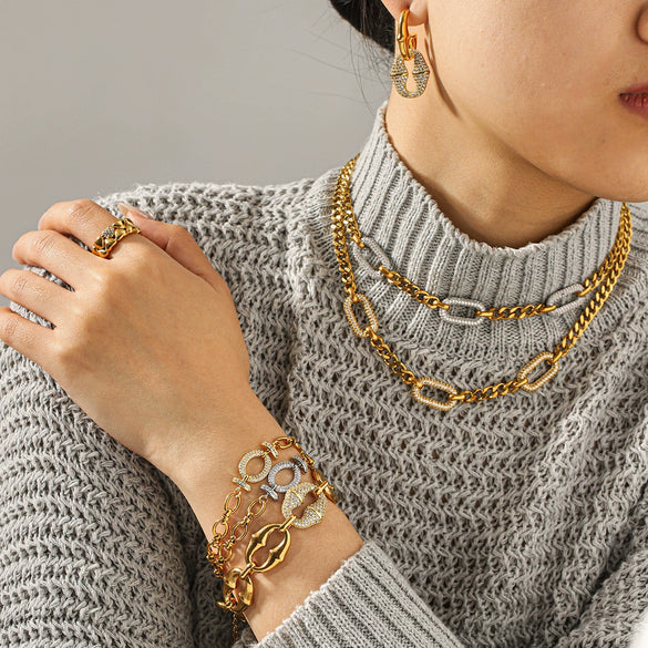 Wholesale Women's Gold Plated Geometric Stainless Steel Necklace And Bracelet Jewelry