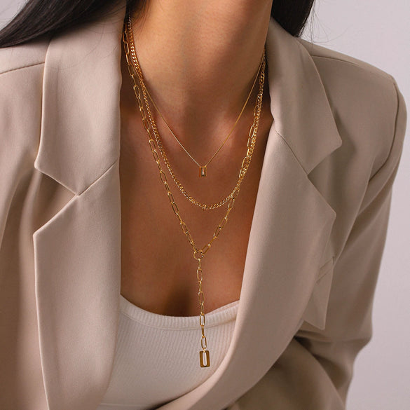 Wholesale Women's Gold Plated Stainless Steel And Titanium Steel Threelayer Stacked Necklace Jewelry