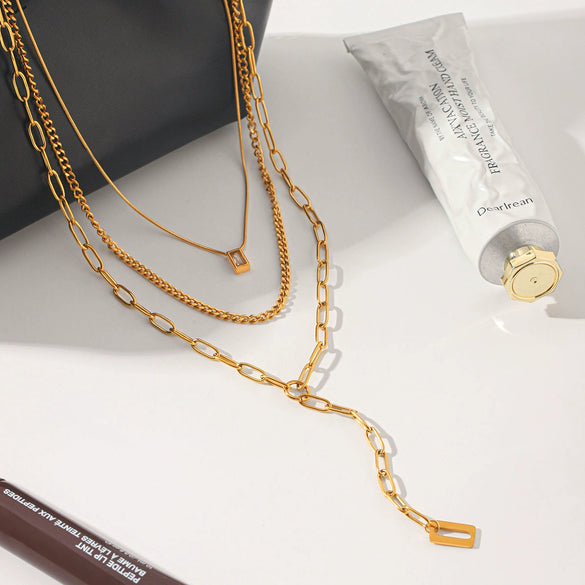 Wholesale Women's Gold Plated Stainless Steel And Titanium Steel Threelayer Stacked Necklace Jewelry