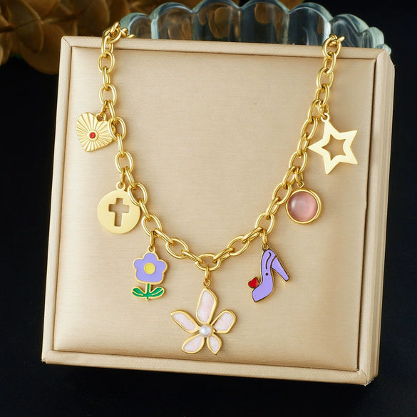 Wholesale Women's Gold Plated Stainless Steel Flower And Pentagram Cross Pendant Necklace