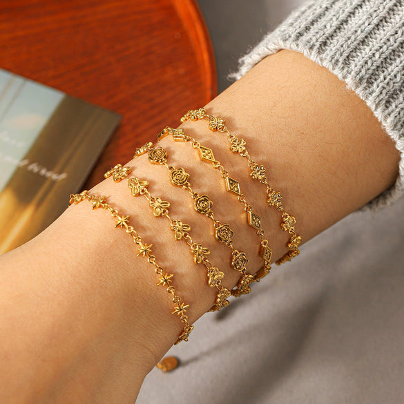 Wholesale Women's Gold Plated Stainless Steel Flower Pattern Bracelet