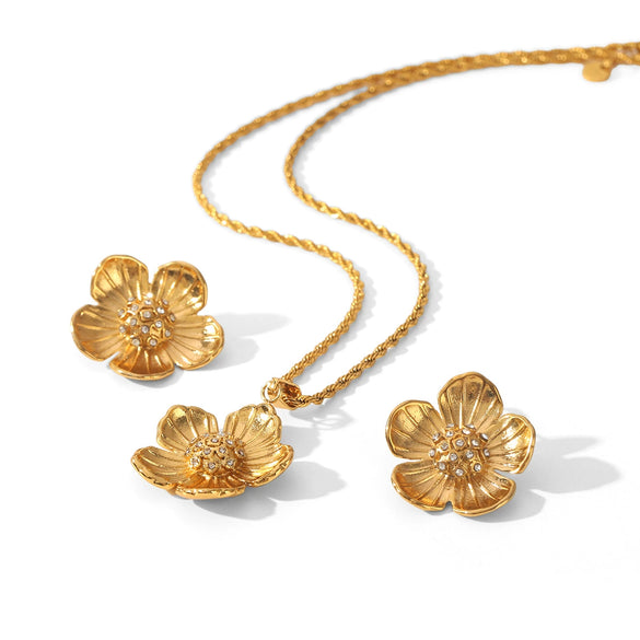 Wholesale Women's Gold Plated Stainless Steel Flower Pendant Necklace With Diamond Studded Earrings Fashionable Jewelry