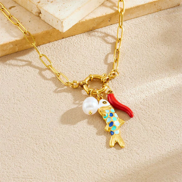 Wholesale Women's Gold Plated Stainless Steel Ocean Cartoon Oil Drop Fish And Chili Pendant Necklace With Round Spring Buckle And Cross Chain