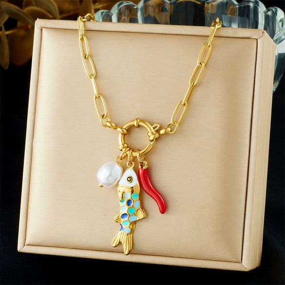 Wholesale Women's Gold Plated Stainless Steel Ocean Cartoon Oil Drop Fish And Chili Pendant Necklace With Round Spring Buckle And Cross Chain