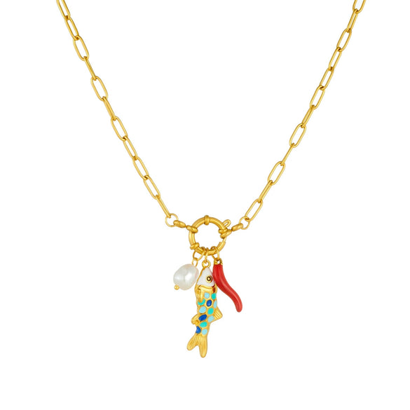 Wholesale Women's Gold Plated Stainless Steel Ocean Cartoon Oil Drop Fish And Chili Pendant Necklace With Round Spring Buckle And Cross Chain