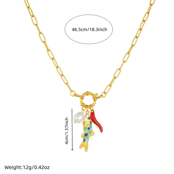 Wholesale Women's Gold Plated Stainless Steel Ocean Cartoon Oil Drop Fish And Chili Pendant Necklace With Round Spring Buckle And Cross Chain