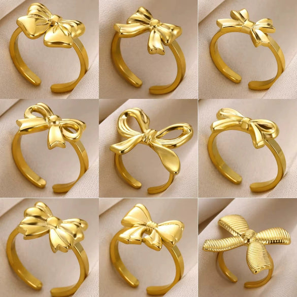 Wholesale Women's Gold Stainless Steel Nonfading Ring With Bow And Geometric Design Electroplated