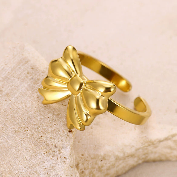 Wholesale Women's Gold Stainless Steel Nonfading Ring With Bow And Geometric Design Electroplated