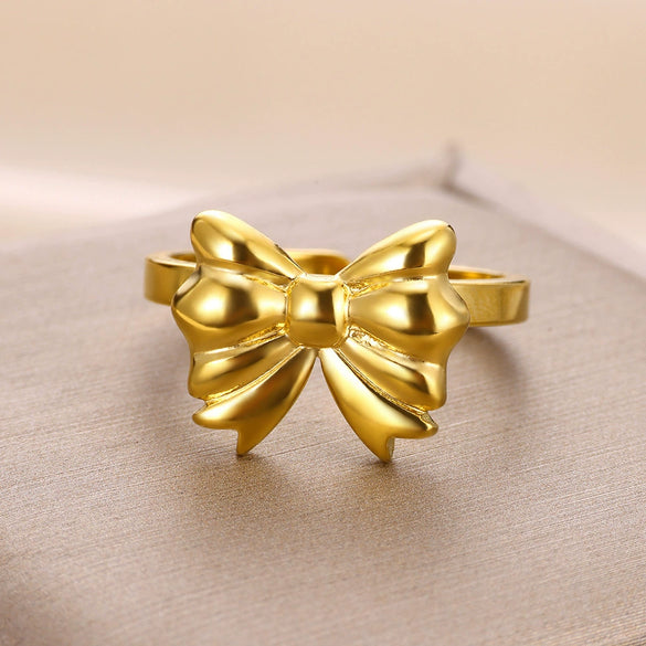 Wholesale Women's Gold Stainless Steel Nonfading Ring With Bow And Geometric Design Electroplated