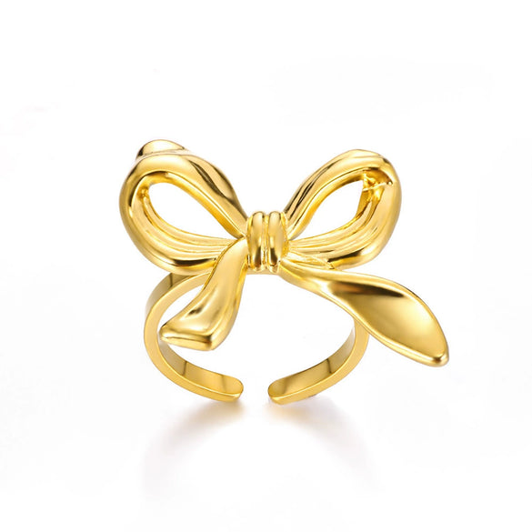 Wholesale Women's Gold Stainless Steel Nonfading Ring With Bow And Geometric Design Electroplated