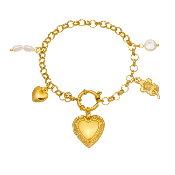 Wholesale Women's Goldplated Carved Stainless Steel Heart Shape Pendant Bracelet
