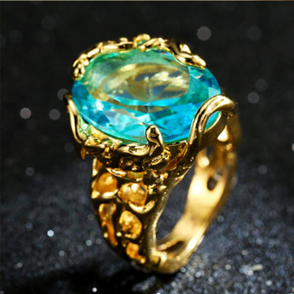 Wholesale Women's Goldplated Geometric Hollow Blue Crystal Ring Jewelry