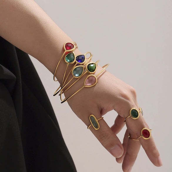 Wholesale Women's Goldplated Stainless Steel And Glass Stone Ferris Wheel Dropshaped Open Bracelet In Geometric Light Luxury Style