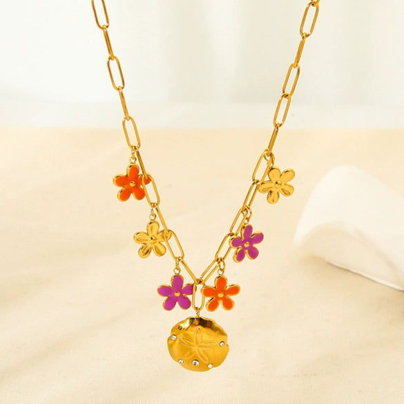 Wholesale Women's Goldplated Stainless Steel Flower Pendant Cross Chain Necklace With Enamel