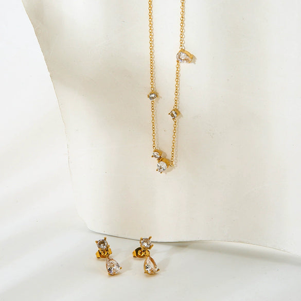Wholesale Women's Goldplated Stainless Steel Geometric Water Drop Zircon Pendant Necklace And Earrings Jewelry Set With Oshaped Chain
