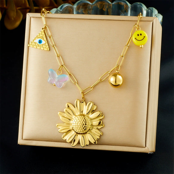 Wholesale Women's Goldplated Stainless Steel Heart Shape And Flower Pattern Hollow Pendant Necklace With Cross Chain