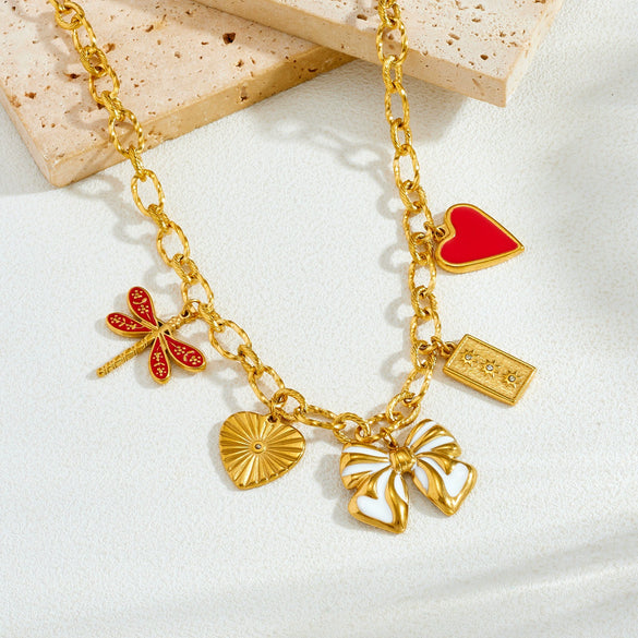 Wholesale Women's Goldplated Stainless Steel Insect Heart Shape Bow Pendant Necklace With Flash O Chain