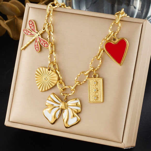 Wholesale Women's Goldplated Stainless Steel Insect Heart Shape Bow Pendant Necklace With Flash O Chain