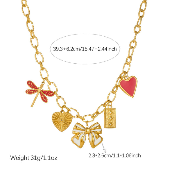 Wholesale Women's Goldplated Stainless Steel Insect Heart Shape Bow Pendant Necklace With Flash O Chain