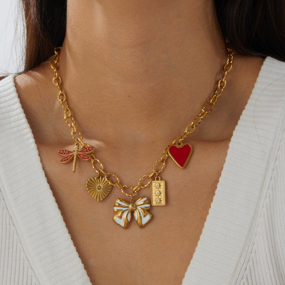Wholesale Women's Goldplated Stainless Steel Insect Heart Shape Bow Pendant Necklace With Flash O Chain