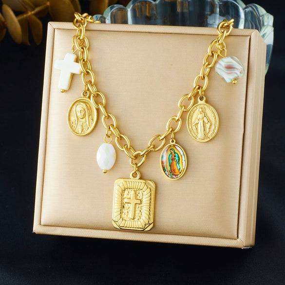 Wholesale Women's Goldplated Stainless Steel Jewelry Set With Cross Crown Roman Numerals Pattern O Word Chain