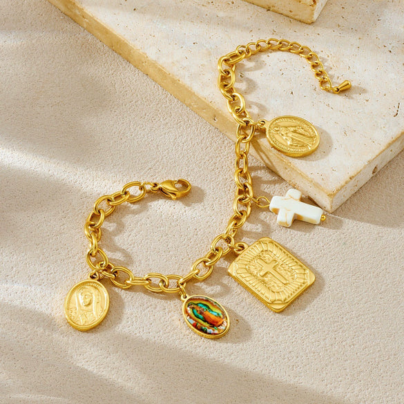 Wholesale Women's Goldplated Stainless Steel Jewelry Set With Cross Crown Roman Numerals Pattern O Word Chain