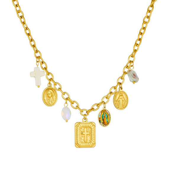 Wholesale Women's Goldplated Stainless Steel Jewelry Set With Cross Crown Roman Numerals Pattern O Word Chain