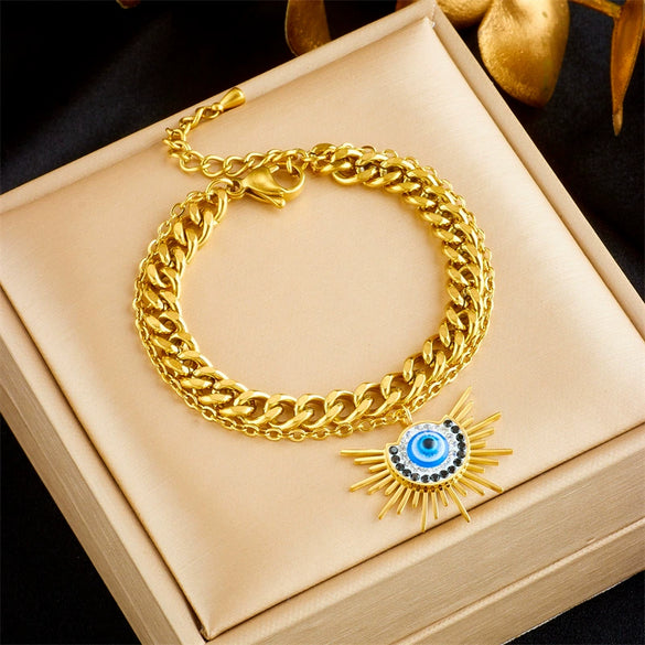 Wholesale Women's Goldplated Titanium Steel Doublelayer Chain Awn Star Eye Pendant Bracelet