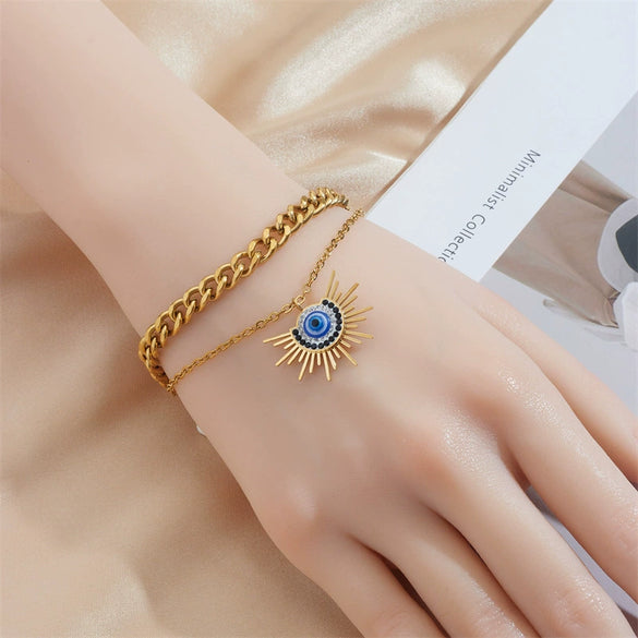 Wholesale Women's Goldplated Titanium Steel Doublelayer Chain Awn Star Eye Pendant Bracelet