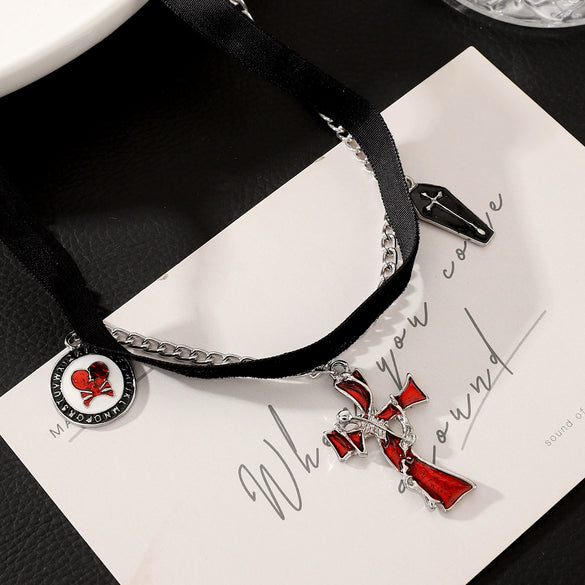 Wholesale Women's Gothic Dark Style Geometric Cross Pendant Choker Necklace With Electroplating Alloy Material
