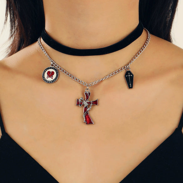 Wholesale Women's Gothic Dark Style Geometric Cross Pendant Choker Necklace With Electroplating Alloy Material
