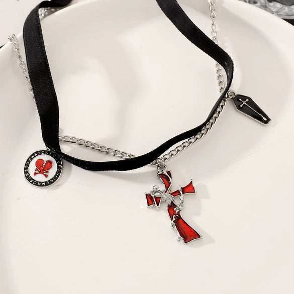 Wholesale Women's Gothic Dark Style Geometric Cross Pendant Choker Necklace With Electroplating Alloy Material