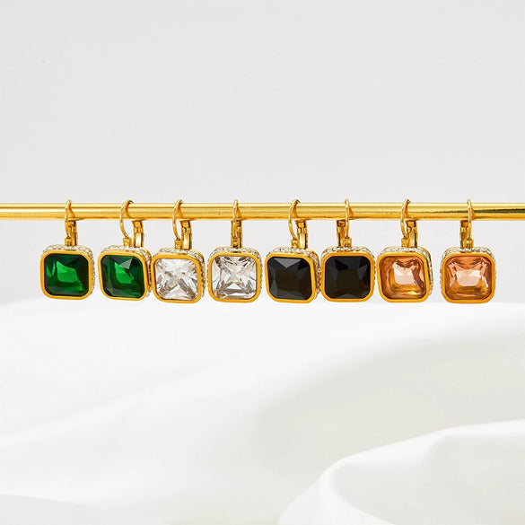 Wholesale Women's Green Square Crystal Stainless Steel Earrings With Geometric Design And Electroplating