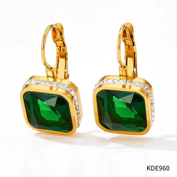 Wholesale Women's Green Square Crystal Stainless Steel Earrings With Geometric Design And Electroplating